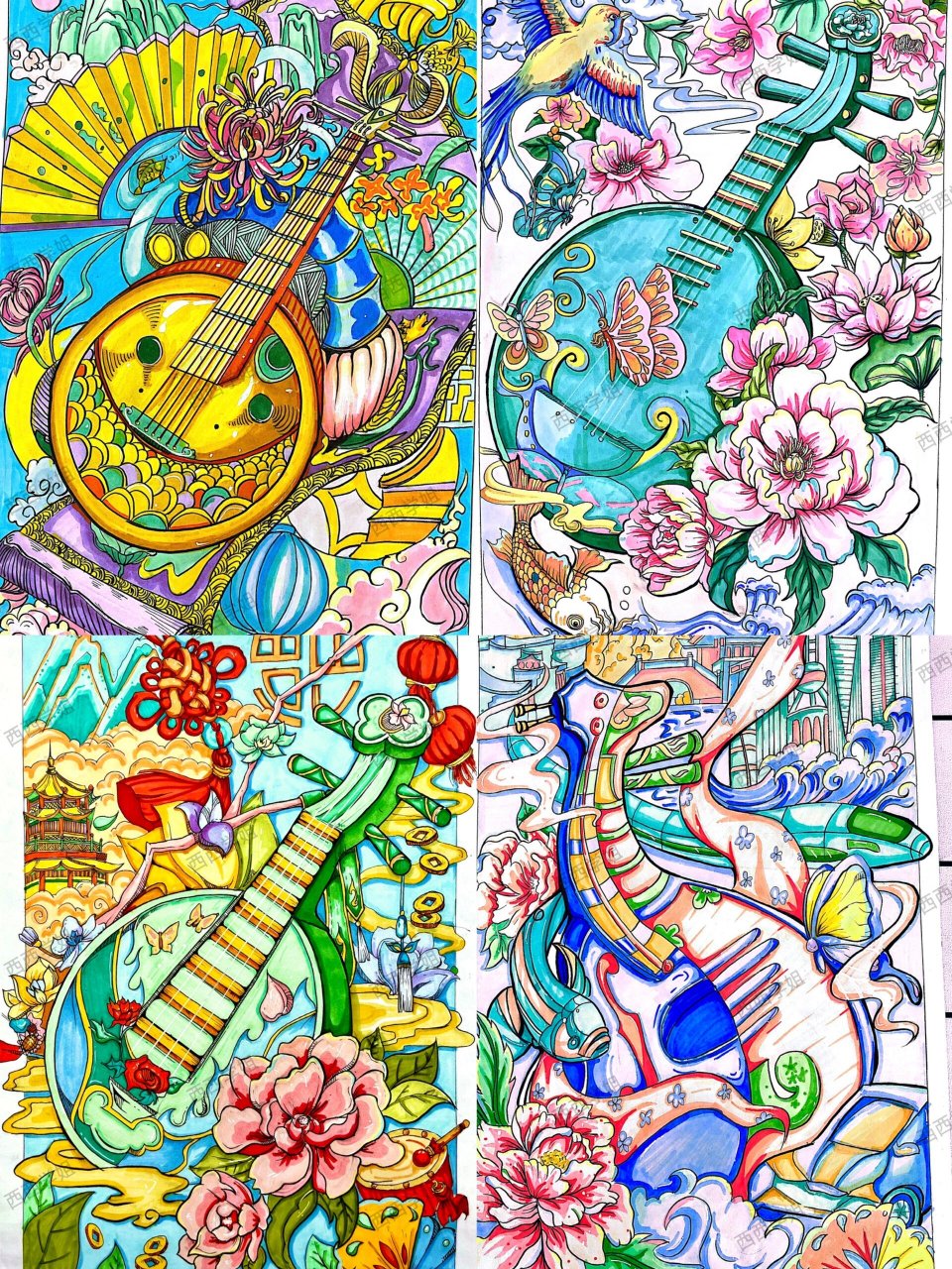 艺术设计考研|彩色装饰画合集|琵琶篇 今天是一组以琵琶为主体物的