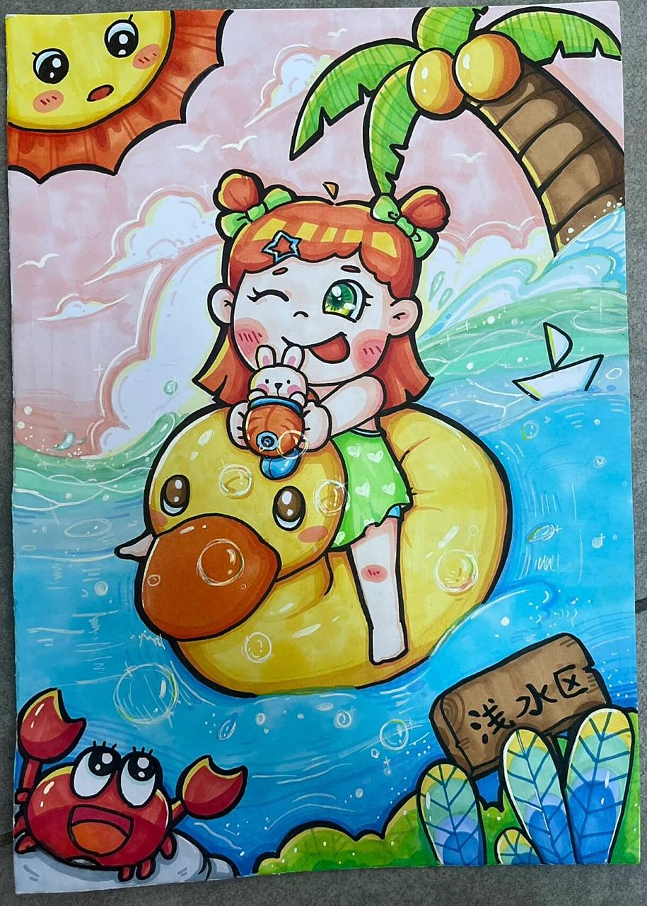 儿童情景画《一起玩水吧》《游泳》《夏天来啦》 原创幼儿情景画 注意
