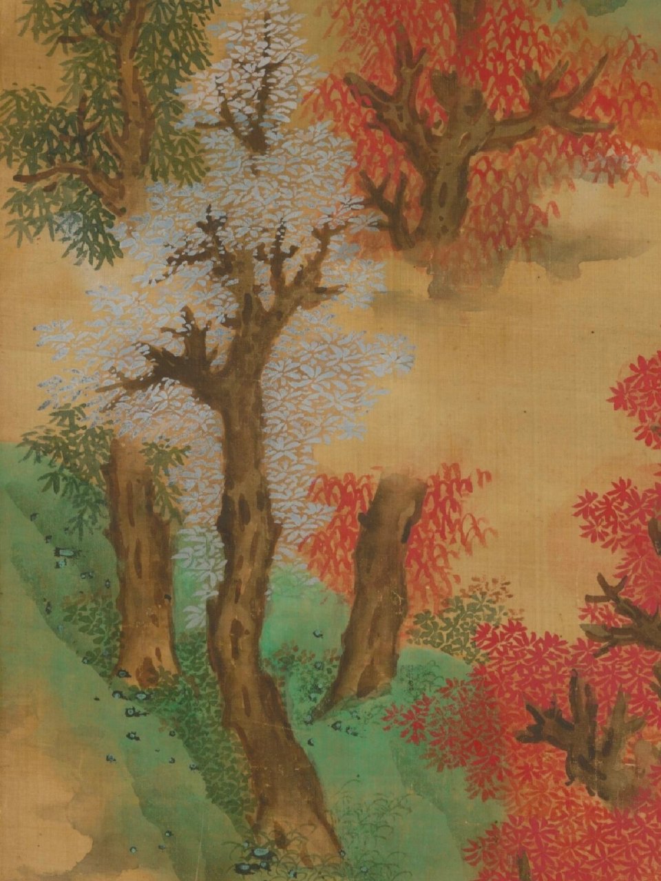 第159幅《白云红树图》明(蓝瑛) 此幅用没骨法以石青,石绿色画山石,用