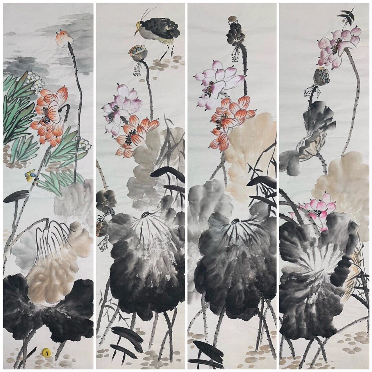 四尺对开四条屏荷花 四尺对开四条屏荷花