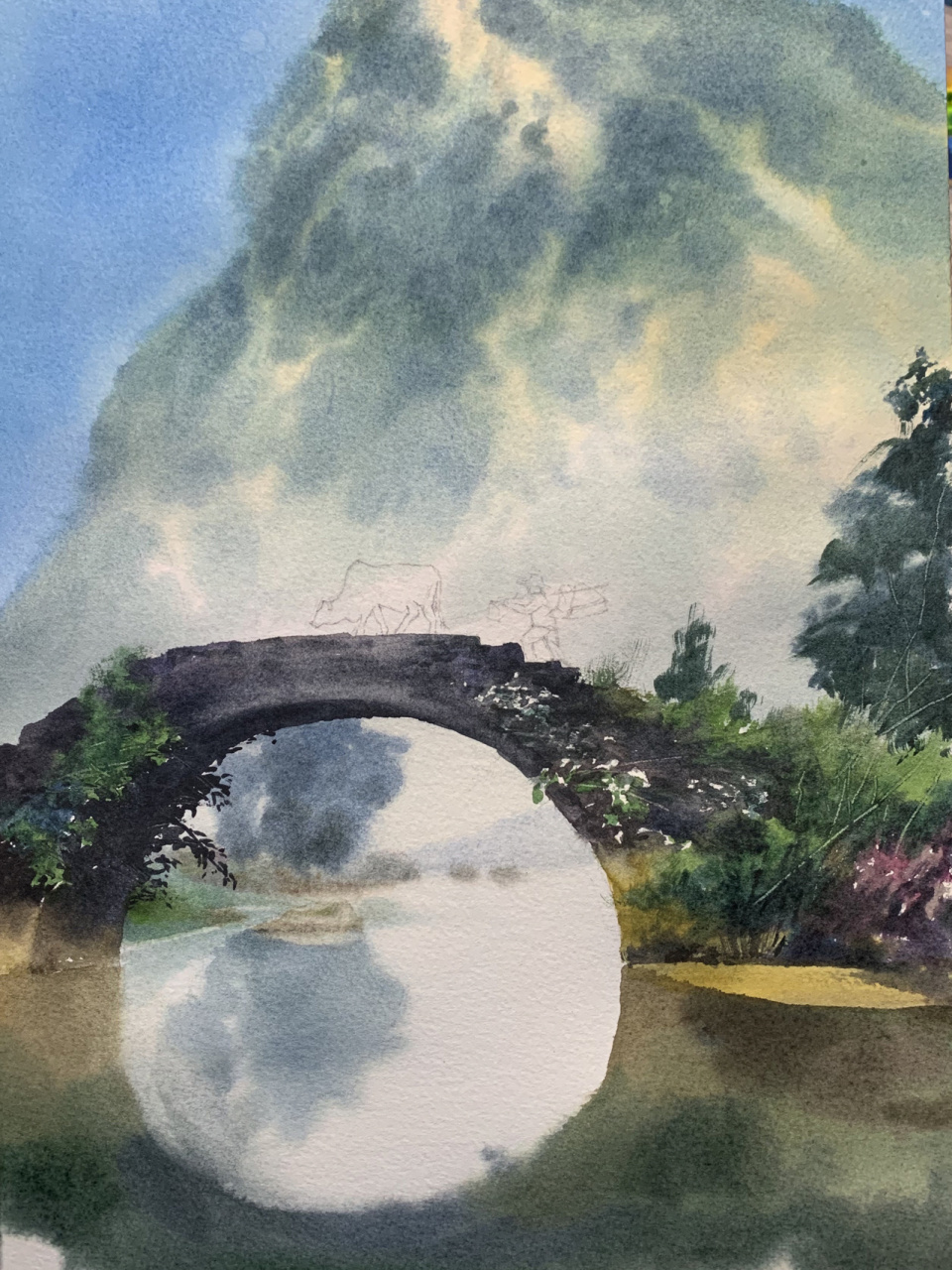 水彩风景 | 牧人 黄牛 桥 牧童黄牛缓缓 小桥流水潺潺 	 水彩风景