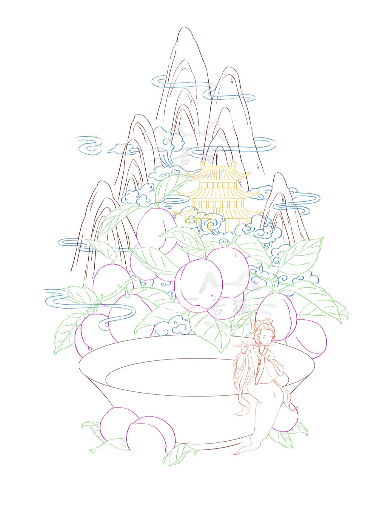 水墨国风插画丨酸梅汤丨绘制过程图 国风插画·围观场景·绘制过程 p8