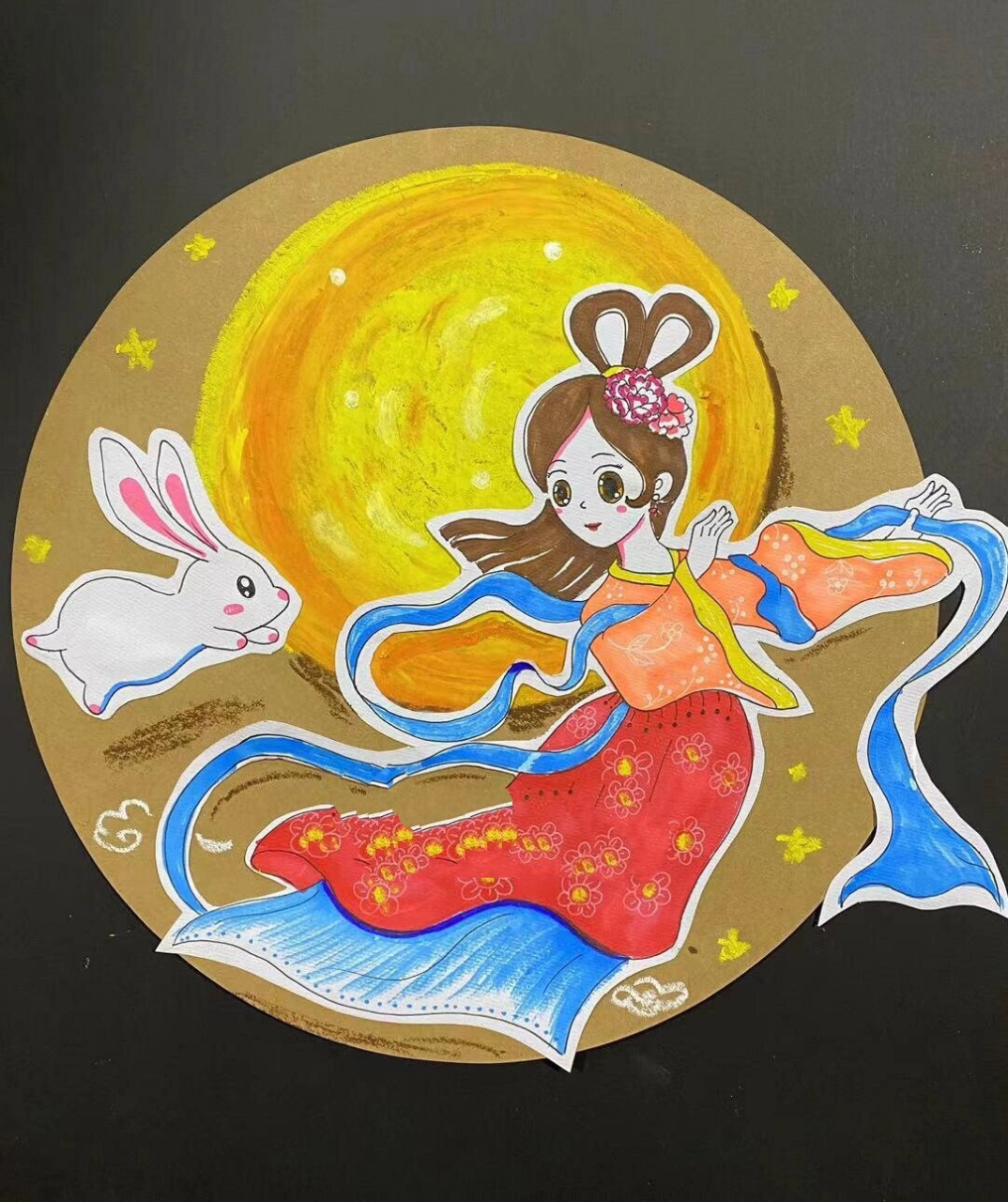 儿童画|少儿美术|中秋节|嫦娥奔月|水彩画 一幅适合7-12岁的中秋节