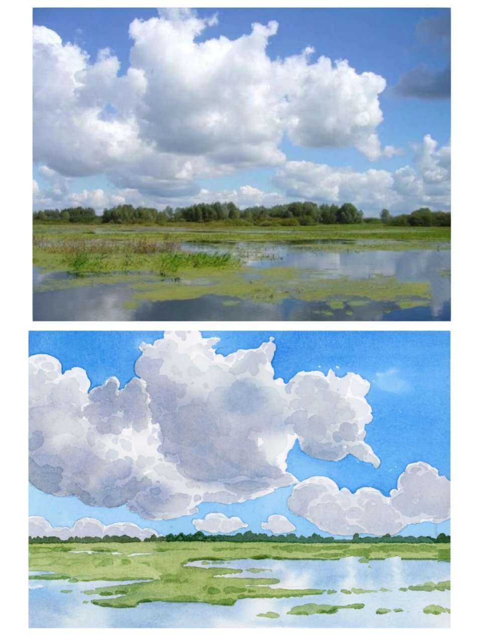 水彩风景,蓝天白云绿草地