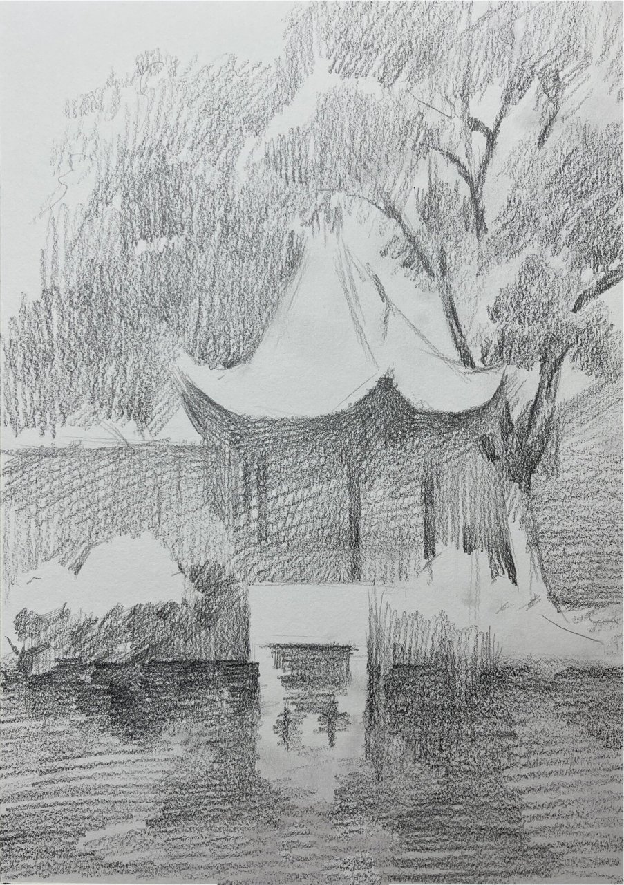 风景素描|夏日园林一角～附步骤图 园林美景祝大家周末愉快