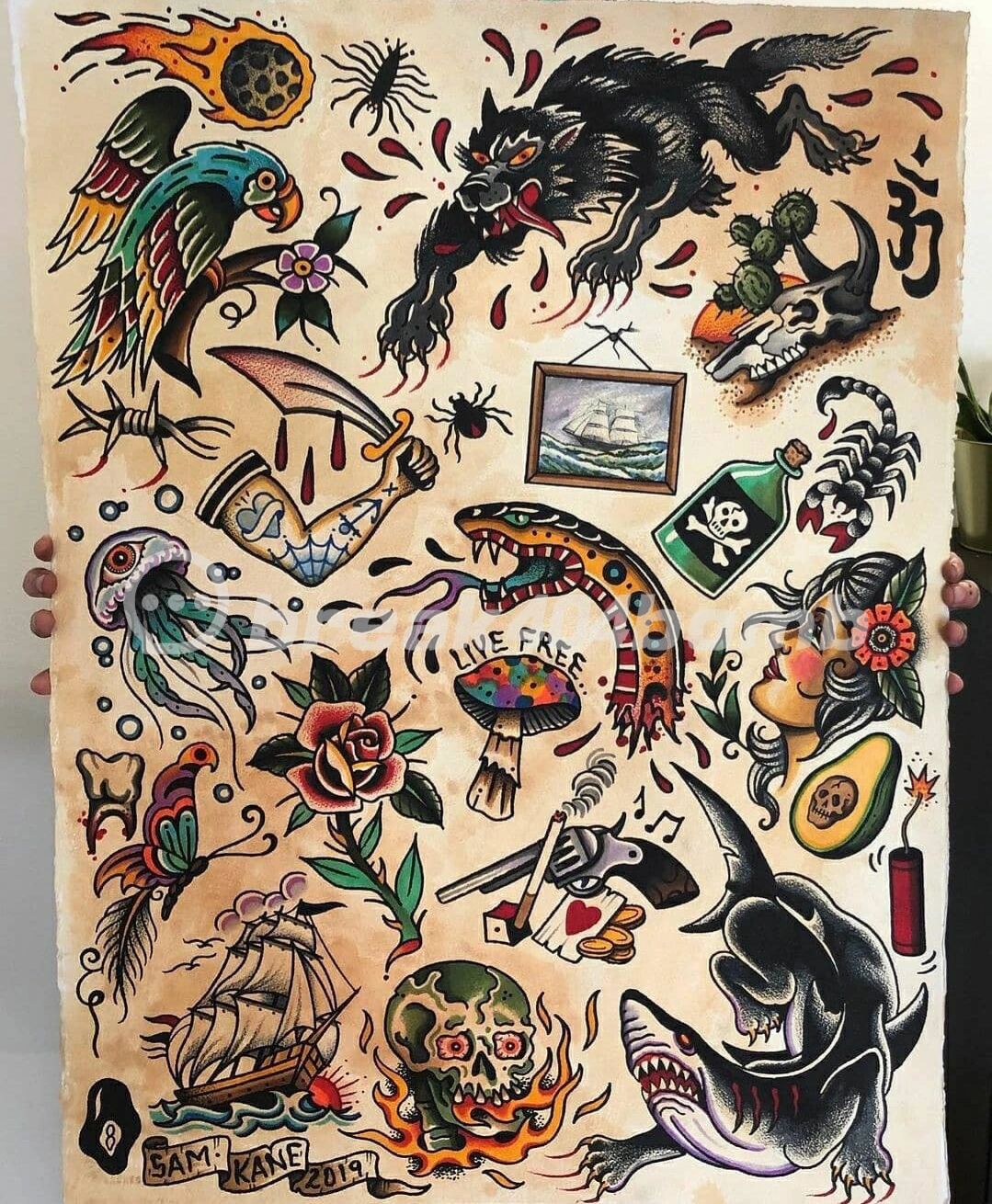 彩色oldschool纹身手稿