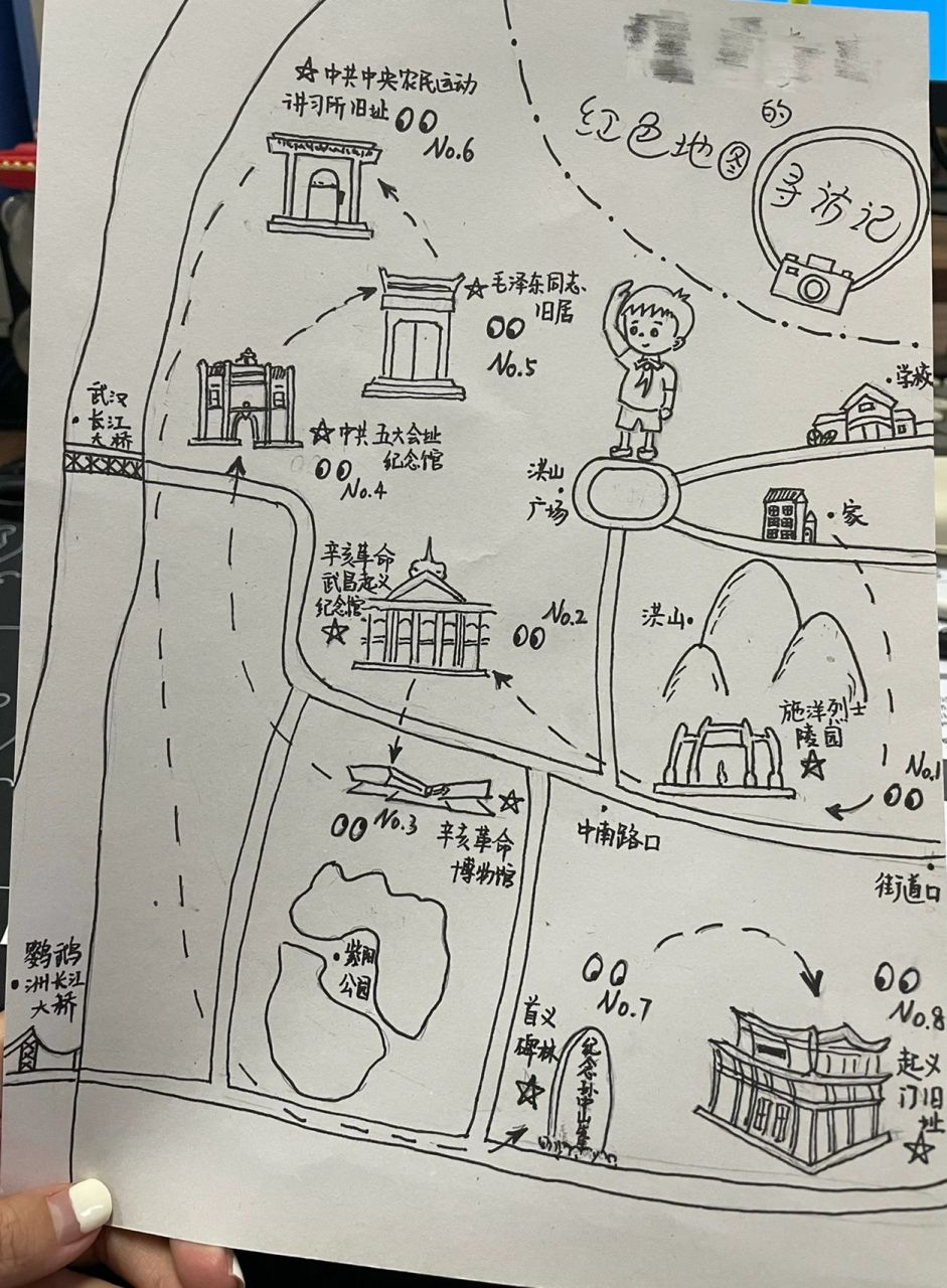 小学一年级小报 | 手绘武汉武昌区红色地图 暑假带崽打卡了武昌区几个
