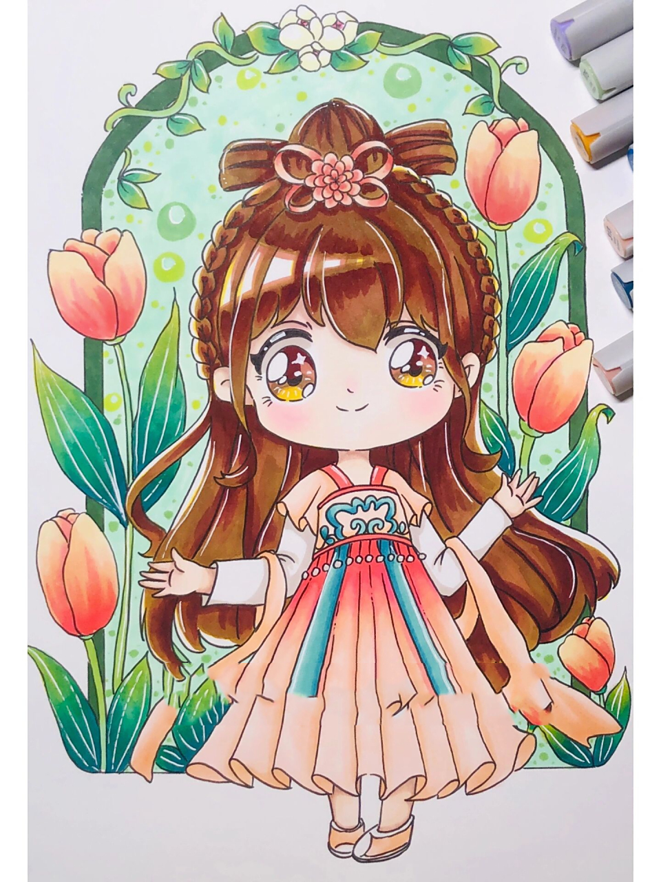 q版动漫|古装服饰手绘|绘画|马克笔|动漫女 马克笔:申内利尔 (色号在