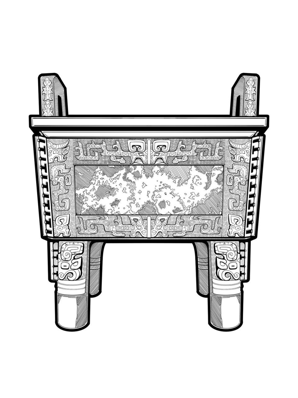 器厚立耳,折沿,腹部呈长方形,下承四柱足020202.