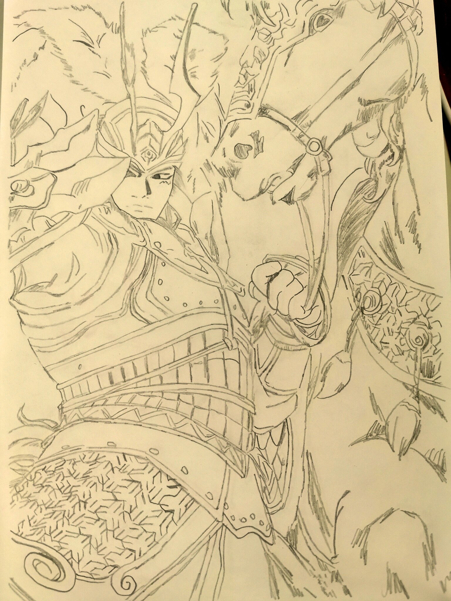 吕布黑白铅笔画,日常绘画打卡