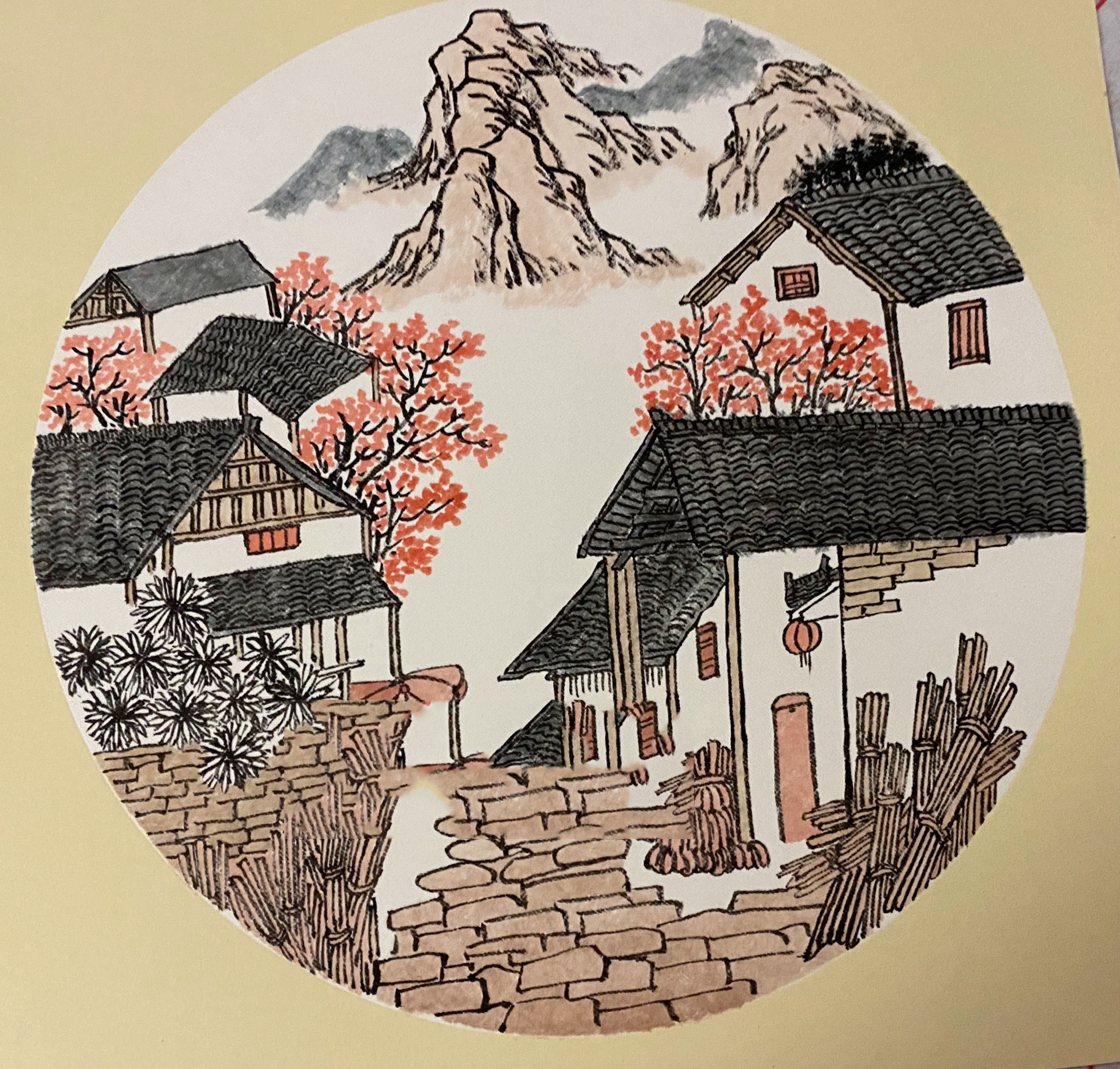 国画小山村山水画图片