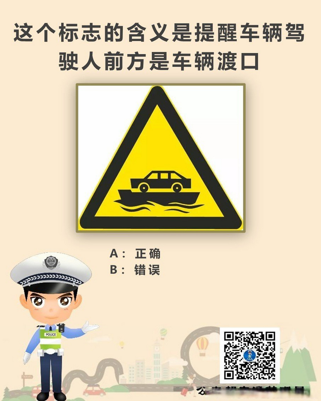 这个标志的含义是提醒车辆驾驶人前方是车辆渡口,这个说法是正确的吗?