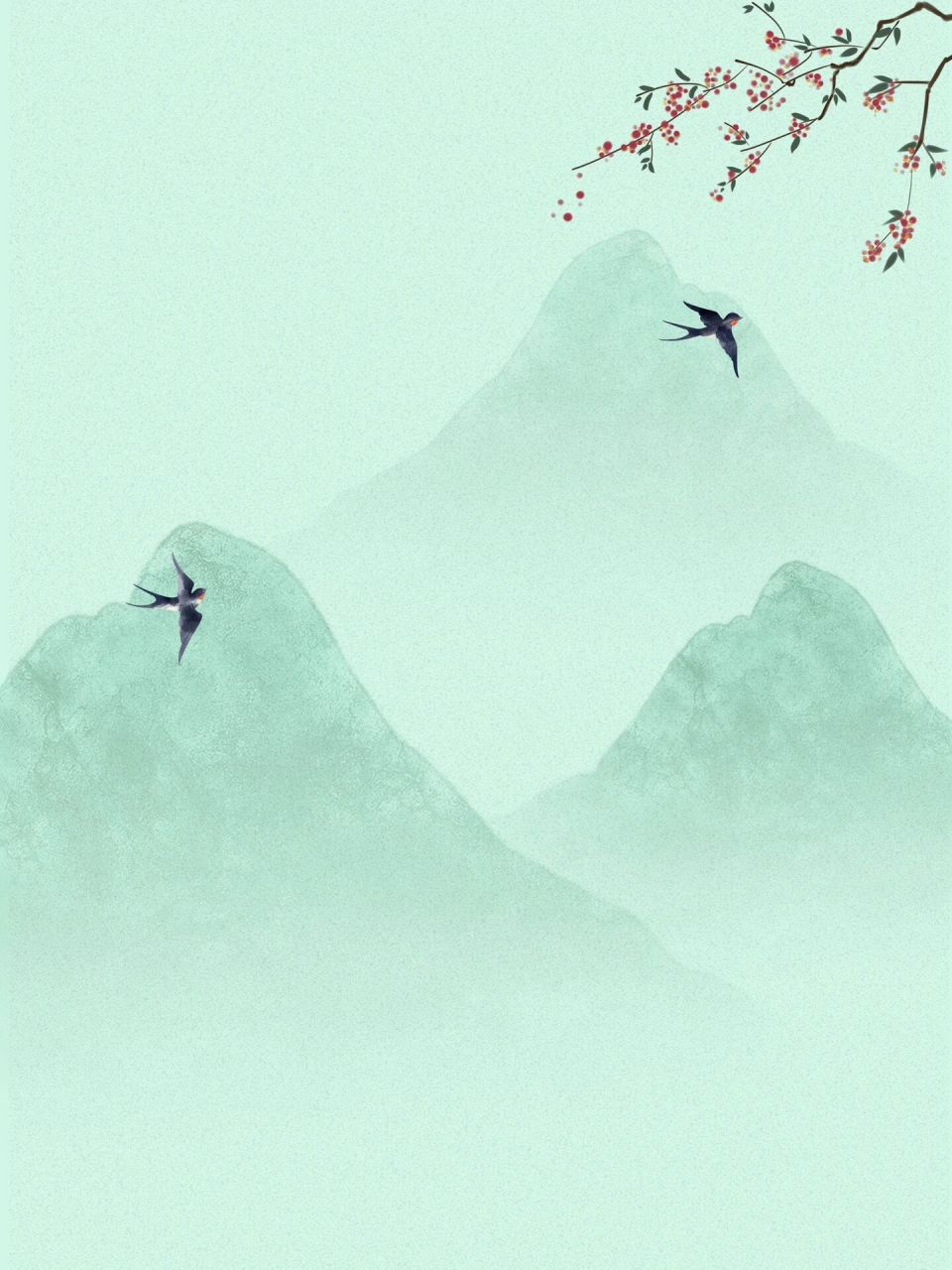 这款素材以国潮古典山水为主题,配以清新的碧绿青色背景,简直是美