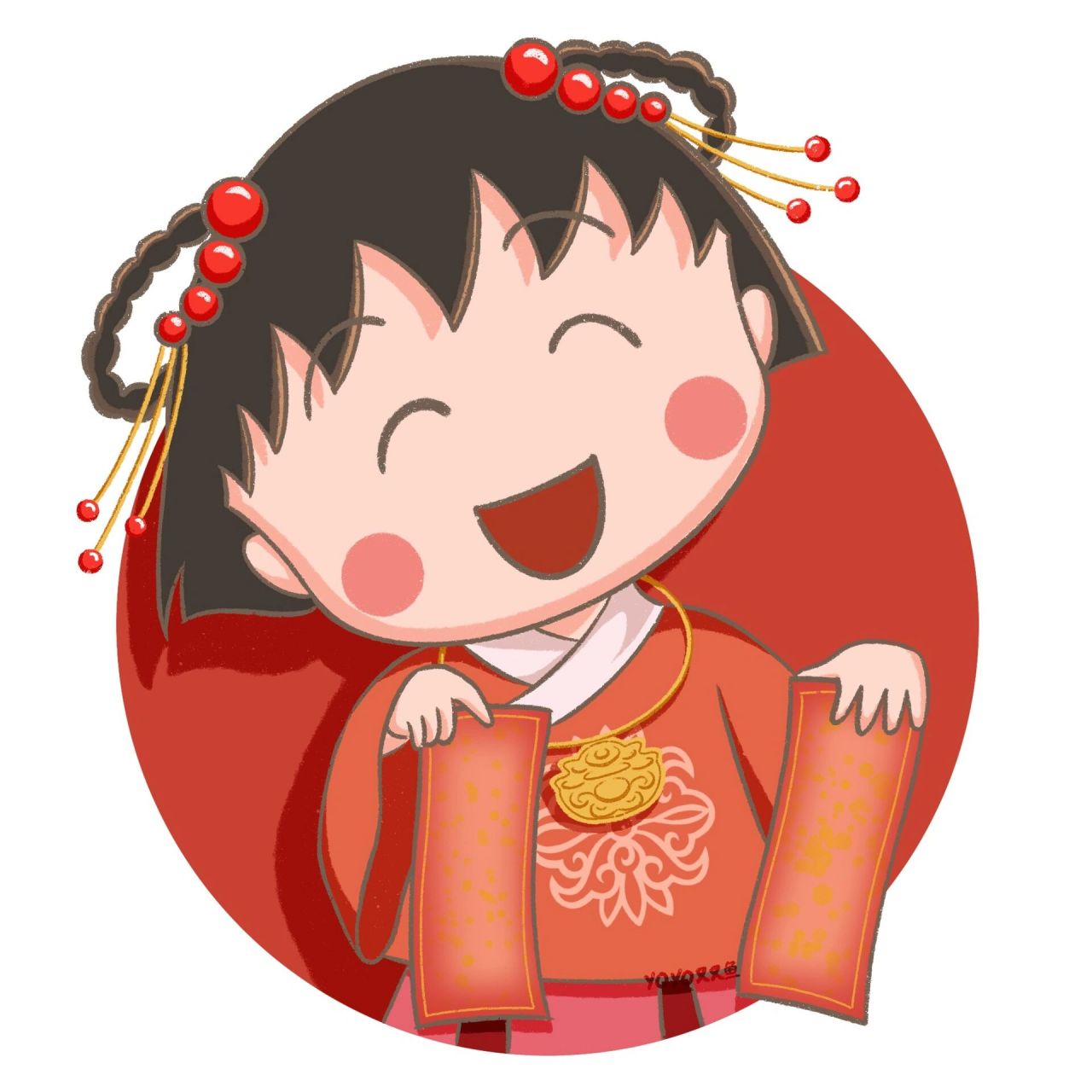 心想事成 万事如意|樱桃小丸子头像 构图配色等临摹于 贴心的为大家留