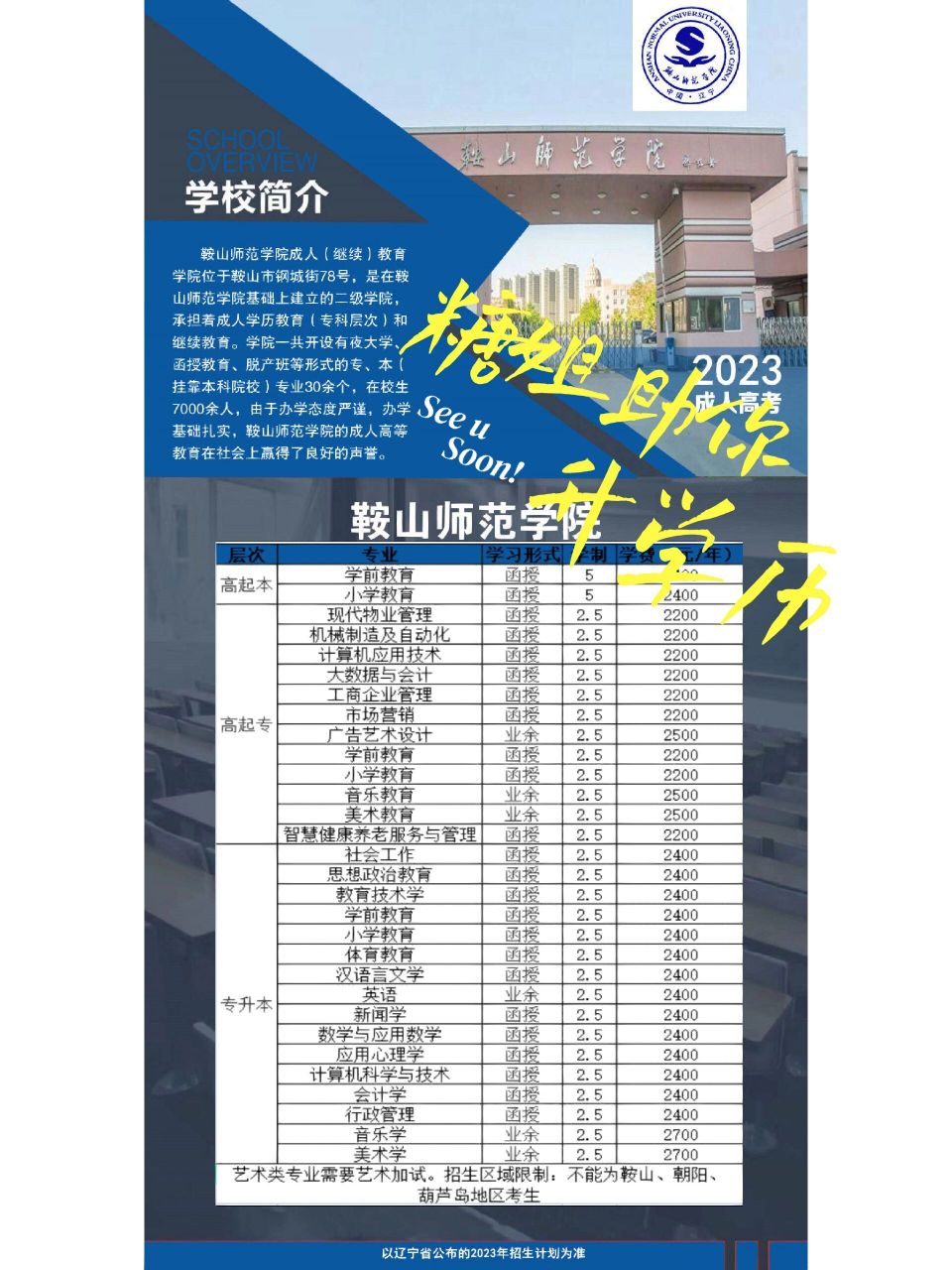2023成考简章~鞍山师范学院 专业齐全!