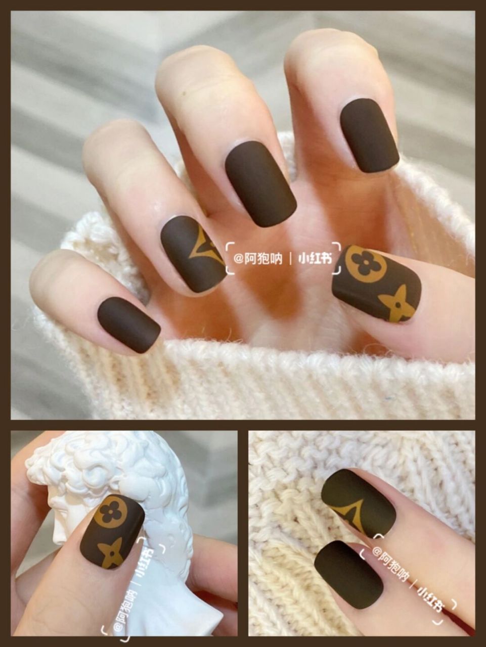 超级好看的咖啡深棕色美甲,颜色低调显白,巨适合现在的秋冬～ 搭配lv