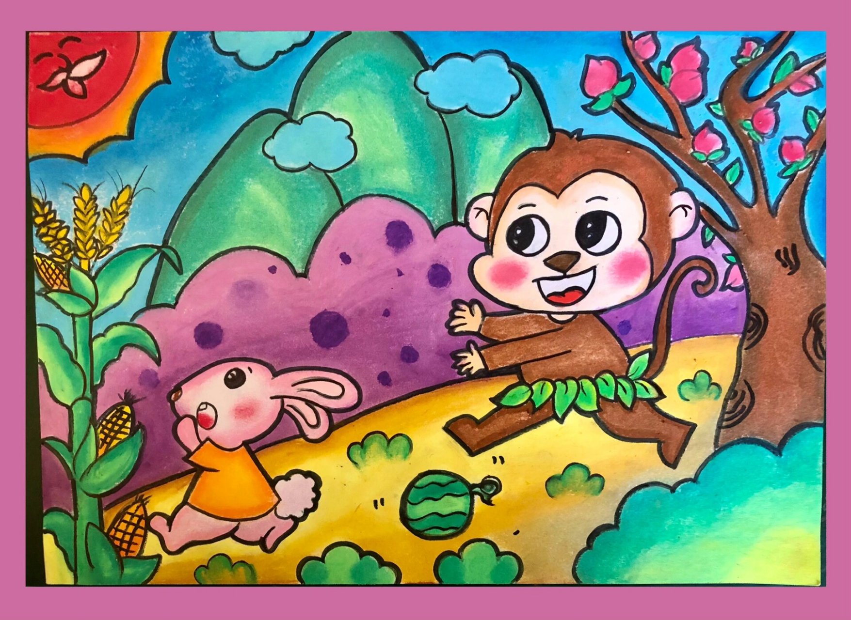 《小猴子下山》儿童画 儿童主题画 |重彩油画棒《 小猴子下山》《小兔