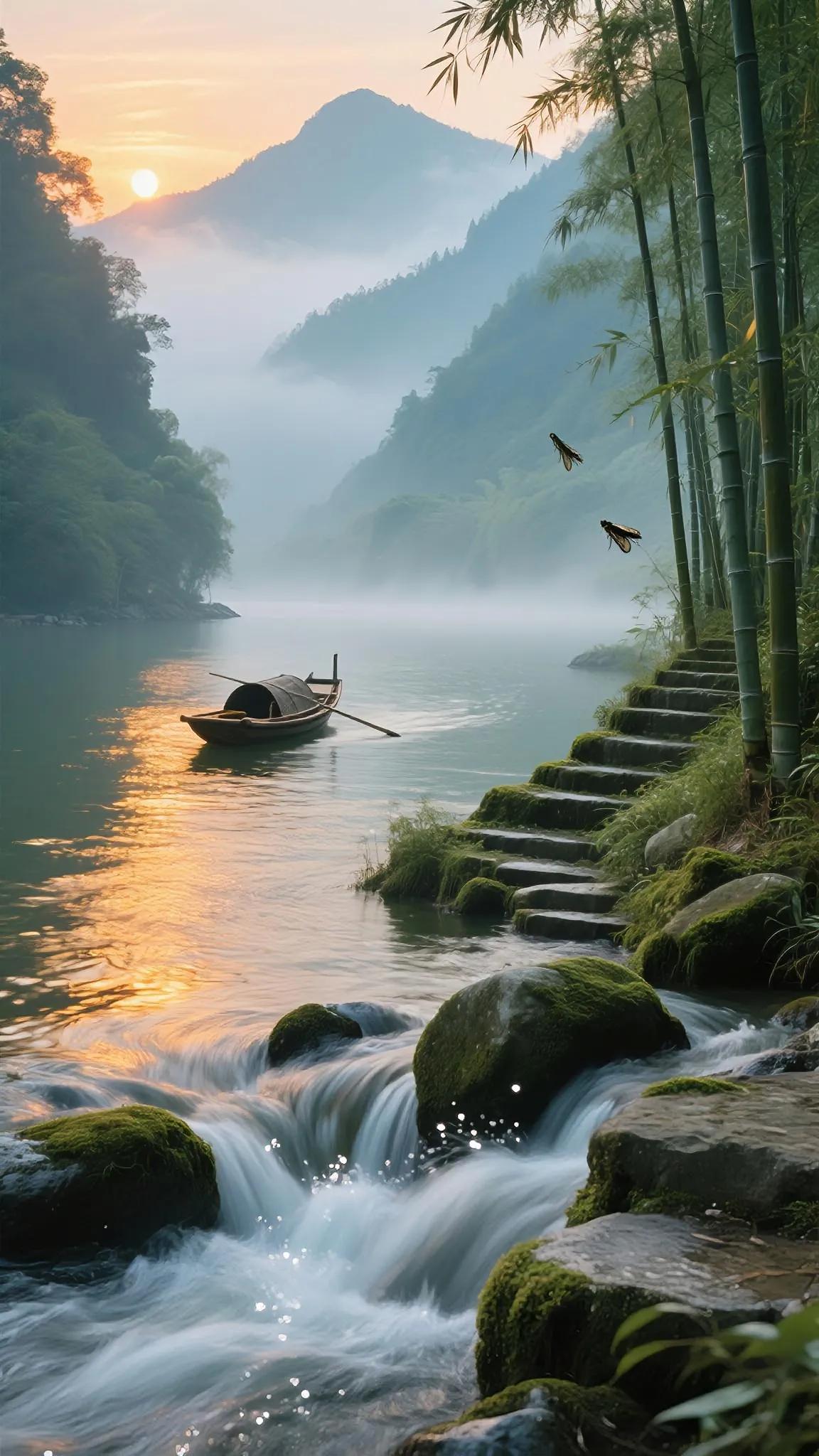 分享山水诗意风景 远山被云雾揉成淡青色的水墨画,溪水撞碎在石头上溅