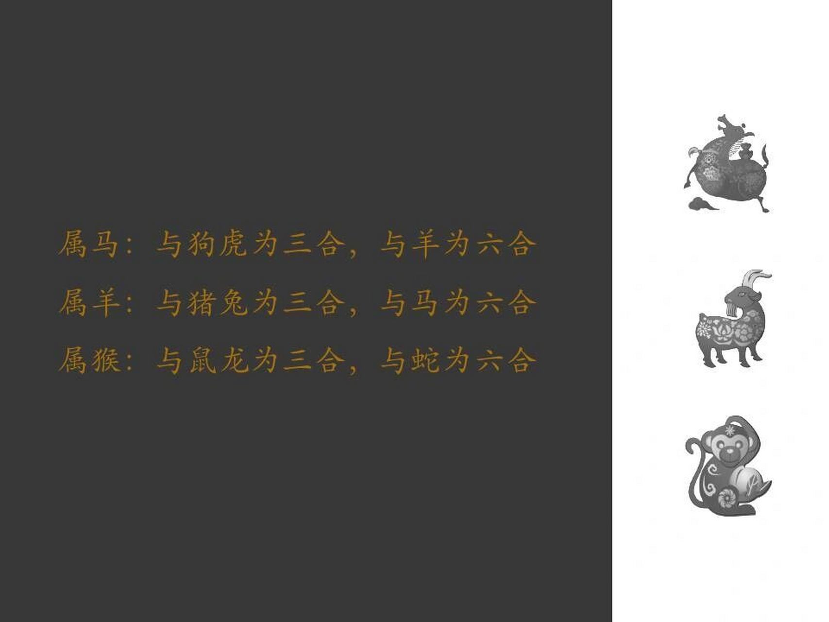 三合六合速查表 属鼠:与猴龙为三合,与牛为六合 	 属牛:与蛇鸡为三合