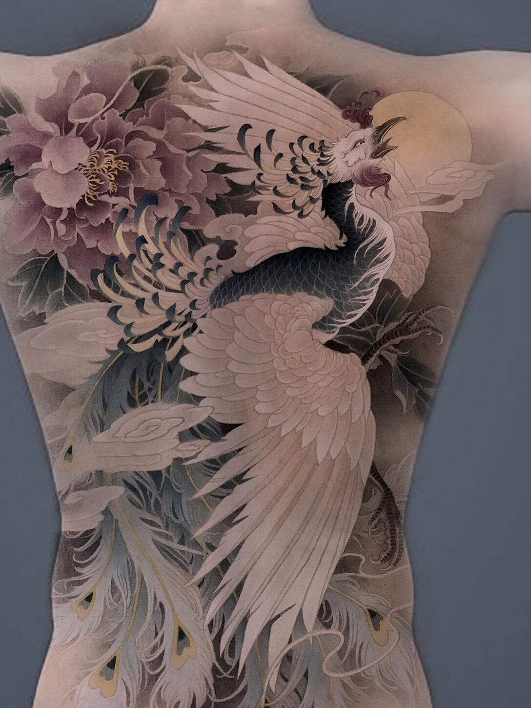 工笔画青鸾二 国风 凤凰设计 去年给顾客设计的一个满背青鸾稿 已做完