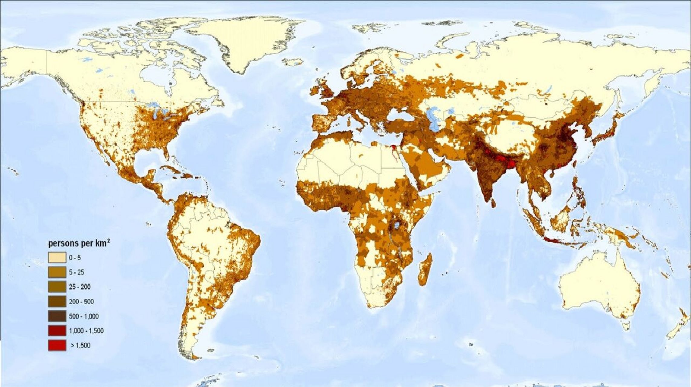 世界人口密度分布图 世界人口分布极不均匀,亚洲的东亚东部,东南亚和