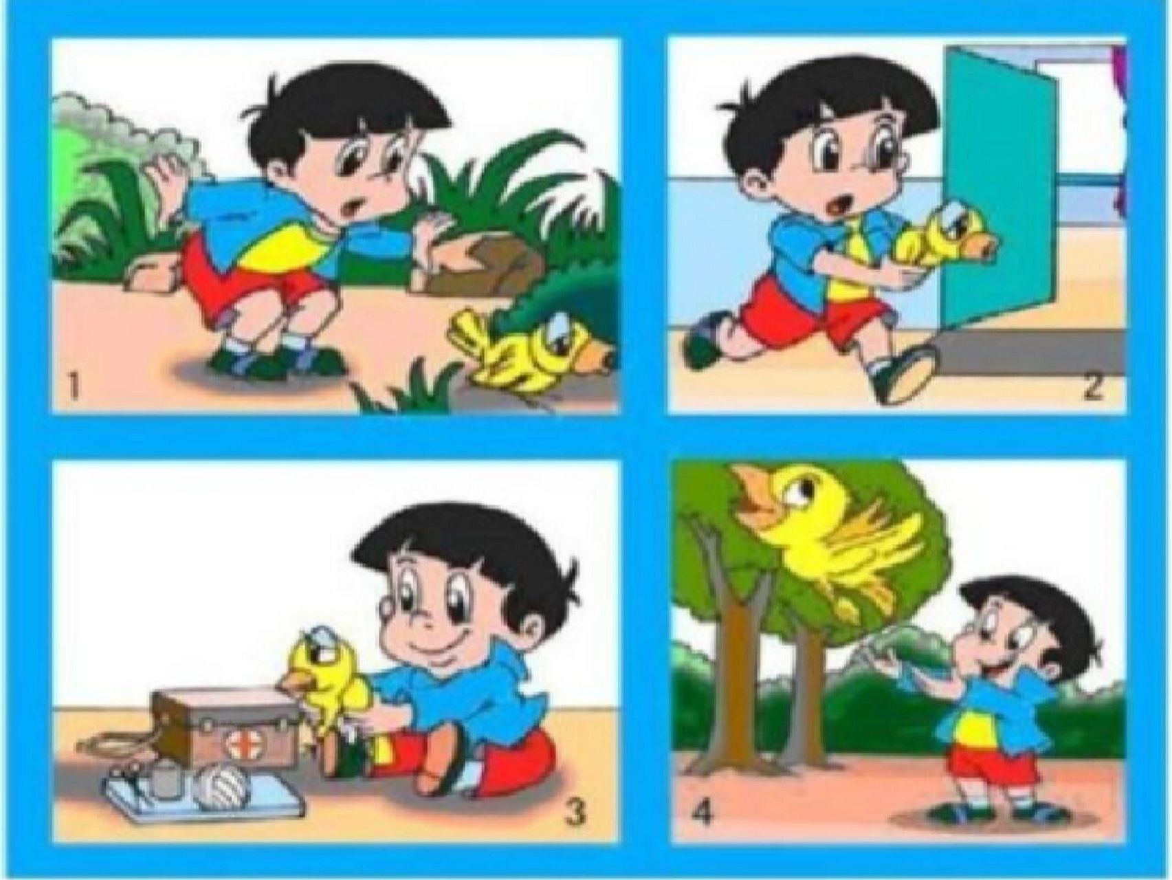 看图写话 救小鸟 风和日丽的一天,王明正在公园里散步.