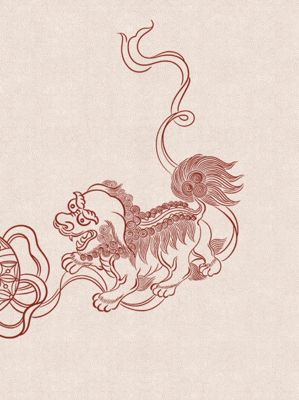 中国传统吉祥图案 【双狮滚绣球】 画面绘一对狮子和绣球.