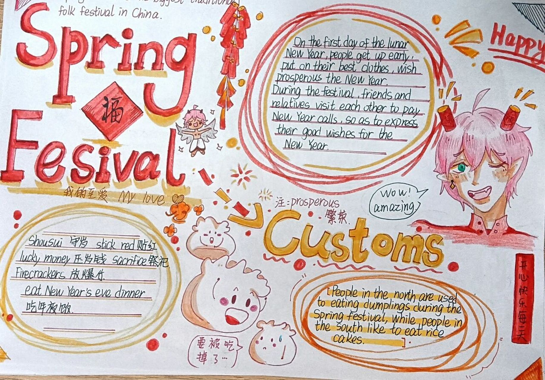 英语手抄报(关于春节习俗的 红头发的是我原创角色(可临摹,他叫"季"