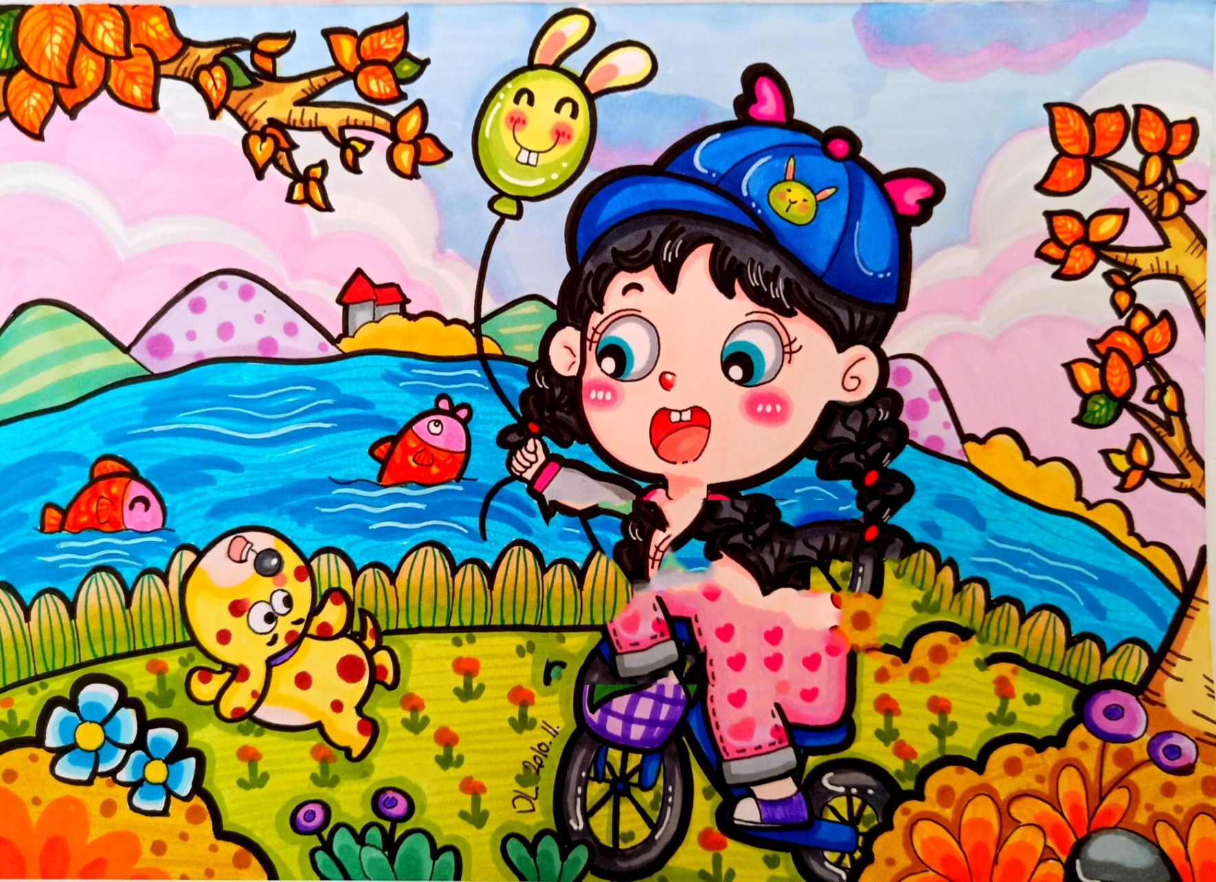 儿童画 马克笔 骑车小女孩 这个画可以适合很多主题.