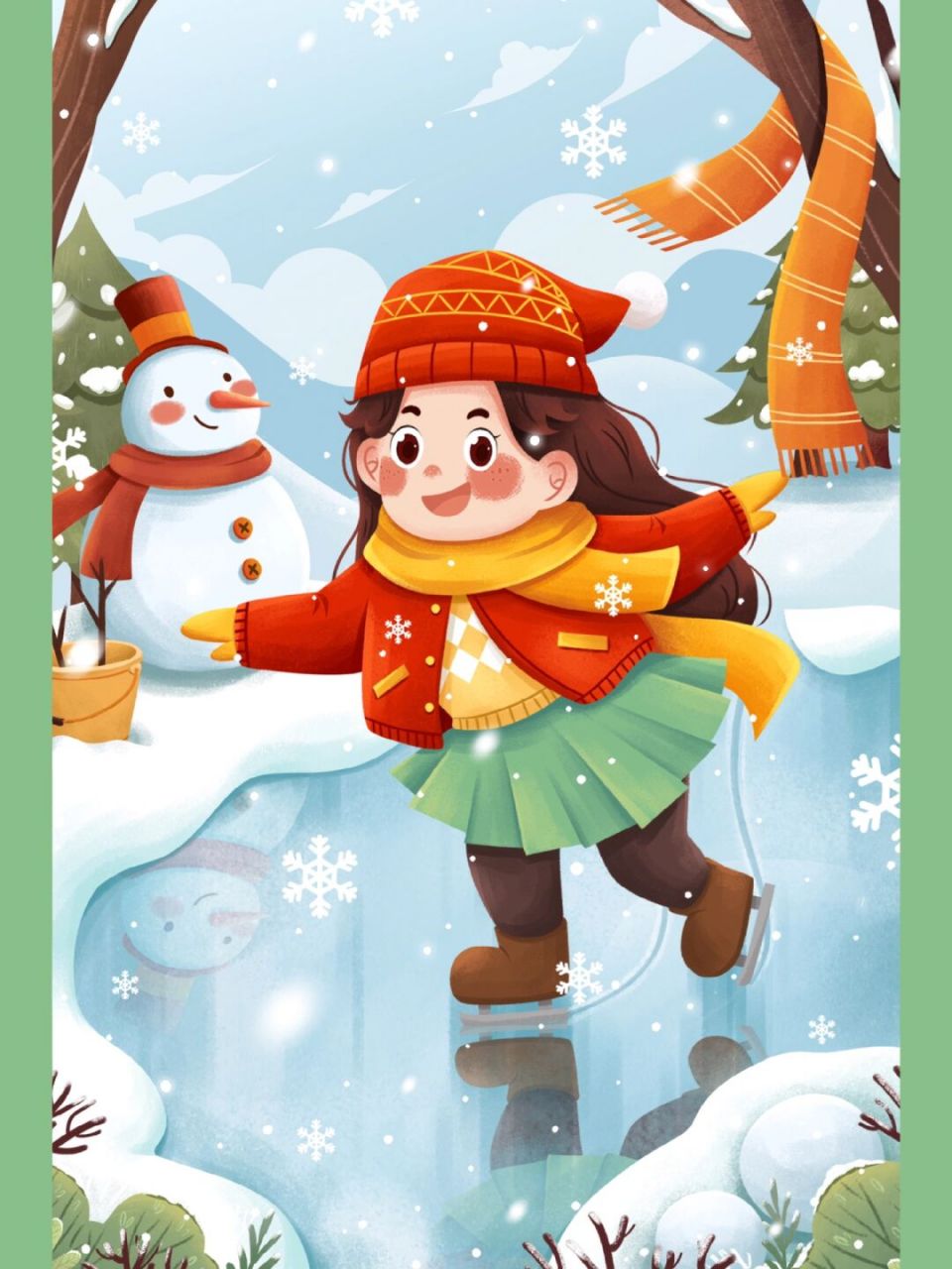 二十四节气小雪雪地女孩与狗冬季插画 7615下周就将迎来二十四