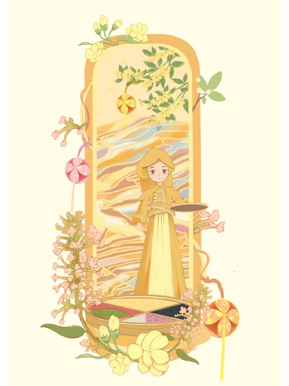 广西壮族自治区三月三的五色糯米饭的海报插画设计