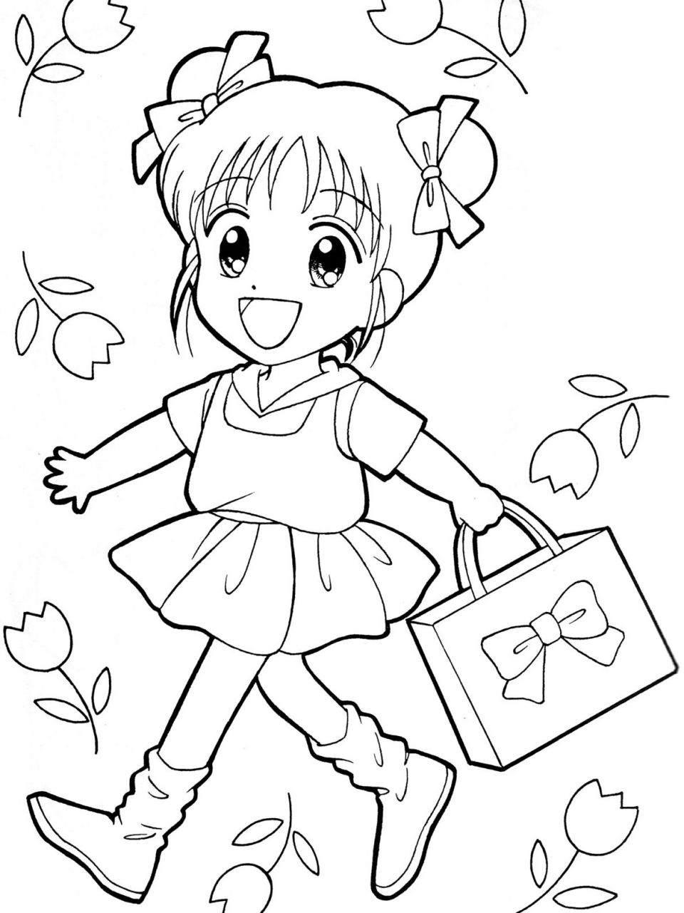 小女孩黑白涂色简笔画