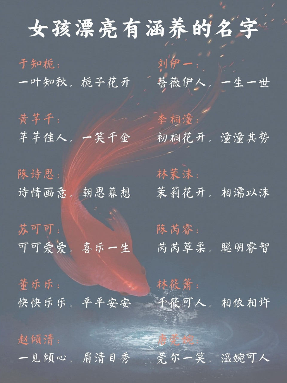 妤: ——读音yú,字义同"婕",表示漂亮,聪慧,美丽,是女孩起名独特用字