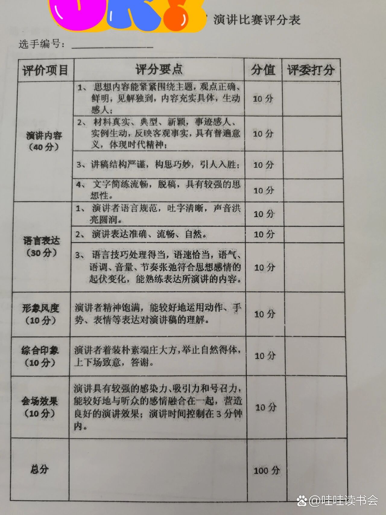 语文演讲比赛评分表