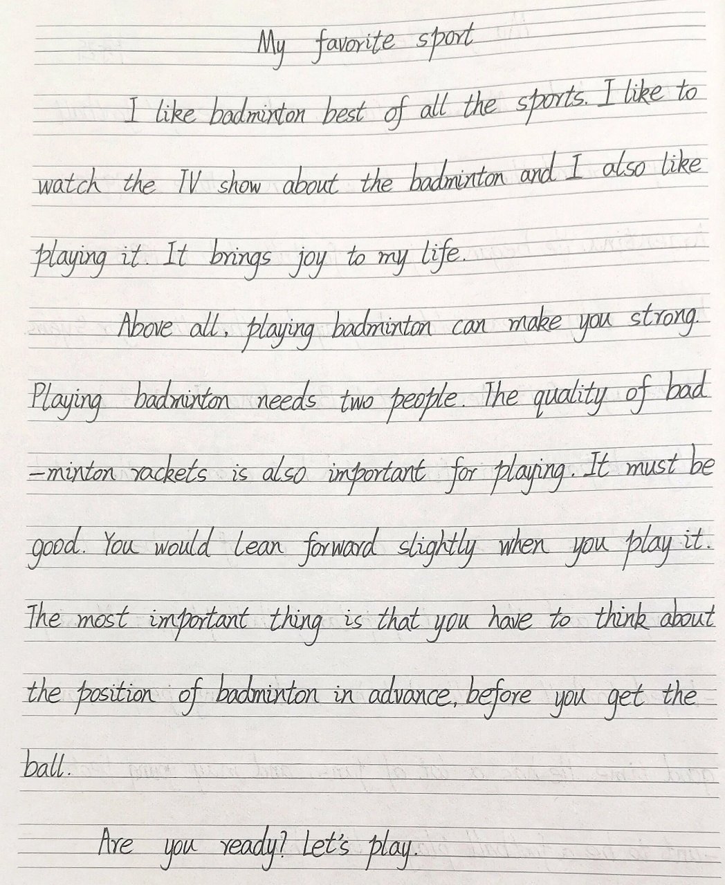 my favorite sport 我最喜欢的运动 — 羽毛球