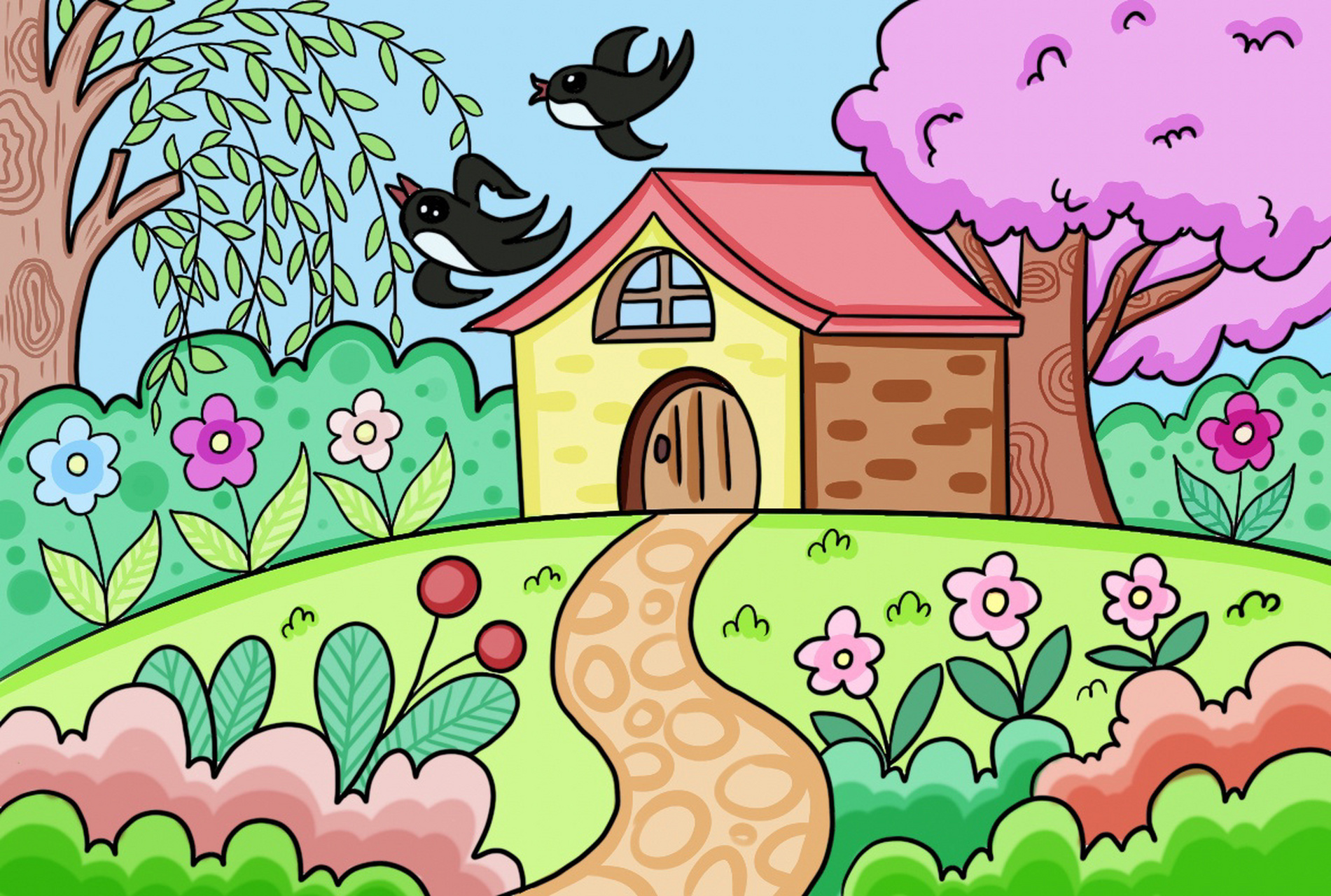 春天来了儿童画 房子卡通画主题花 春天来了儿童穿创意画