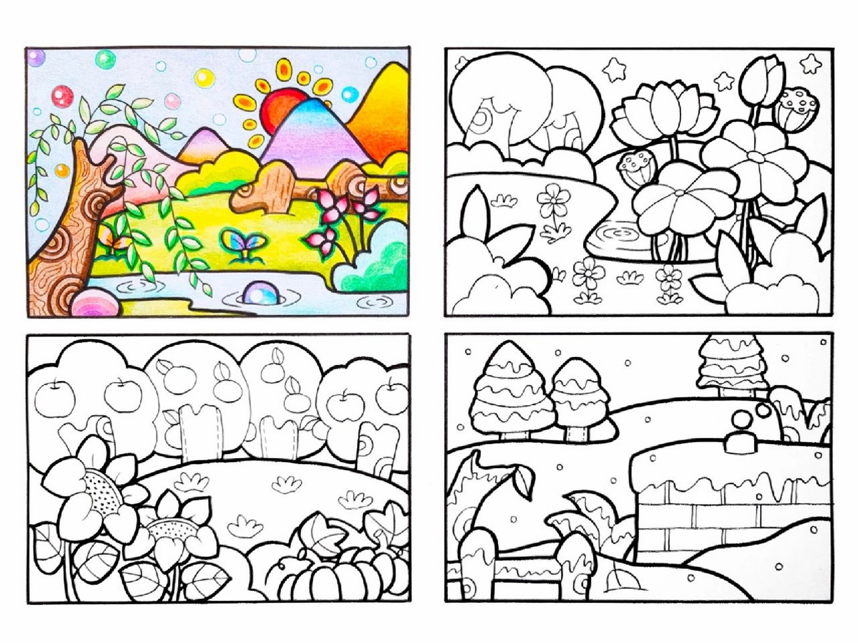 春夏秋冬‖ 儿童彩铅画 好多朋友问我要上色版的春夏秋冬,终于画完了