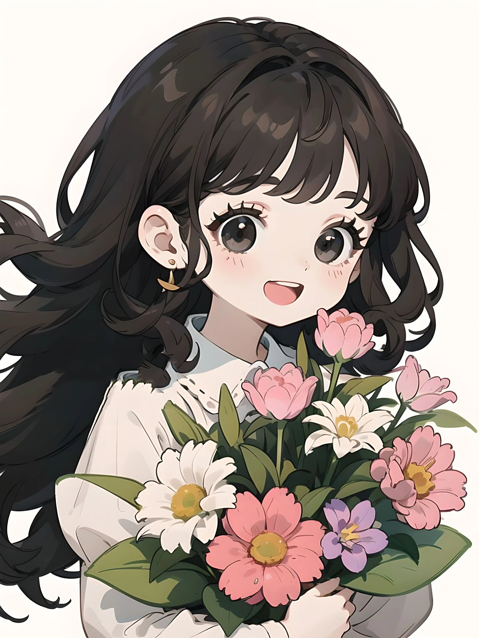 动漫素材 | 手捧鲜花的夏日少女动漫 #治愈系插画# #插画头像# #少女