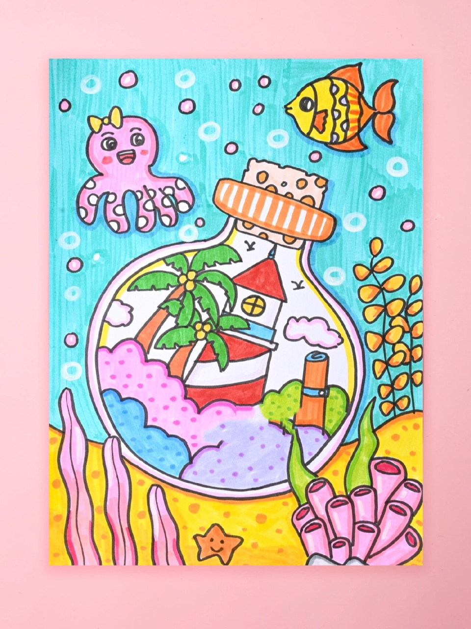 神奇的漂流瓶马克笔儿童画教程 学习功能的夸张,注意画面主次关系