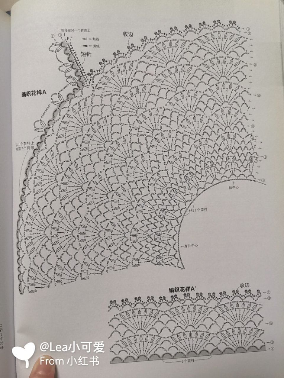 身片编成简单的花样, 下摆和育克一样, 装饰了扇形花样. #钩针编织