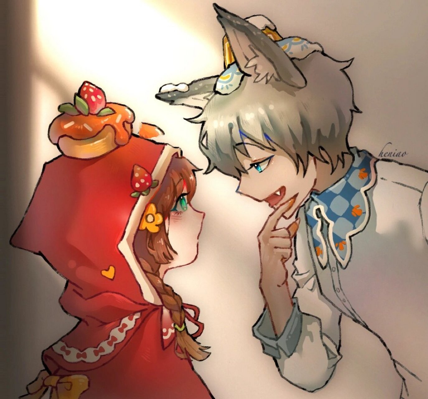 左滑看小红帽摸大灰狼 摸的是松饼小红帽和虎皮卷大灰狼的情头,加滤镜