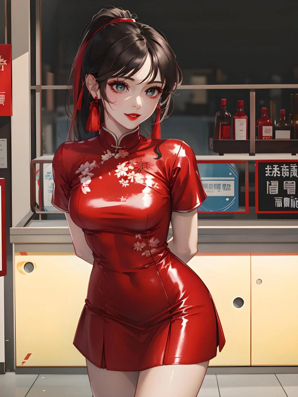 乳胶连衣裙性感御姐 这是一位极具魅力的二次元御姐,身着一袭红色乳胶