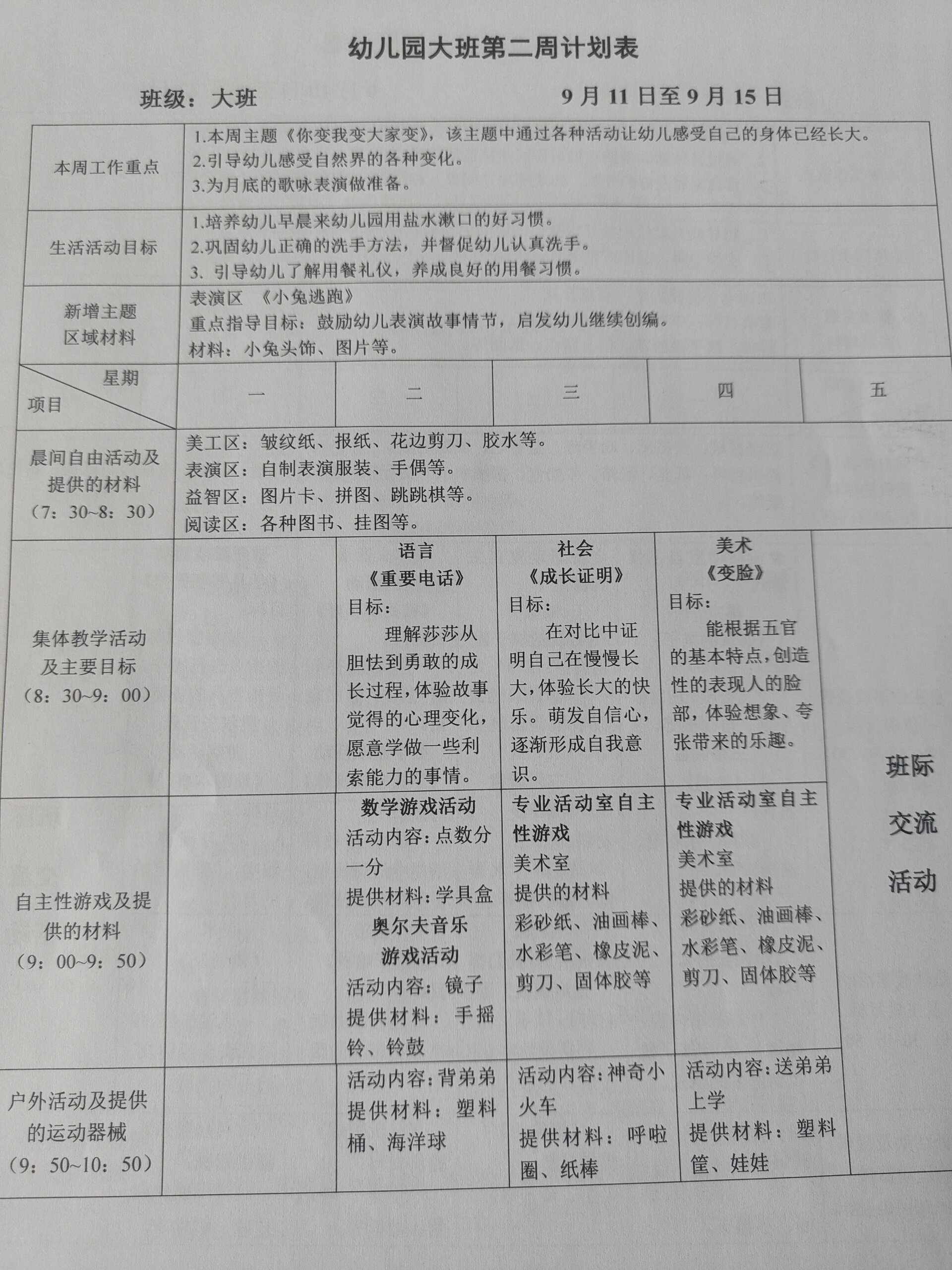 2023年幼儿园大班周计划表 幼儿园大班2023年秋季周计划表