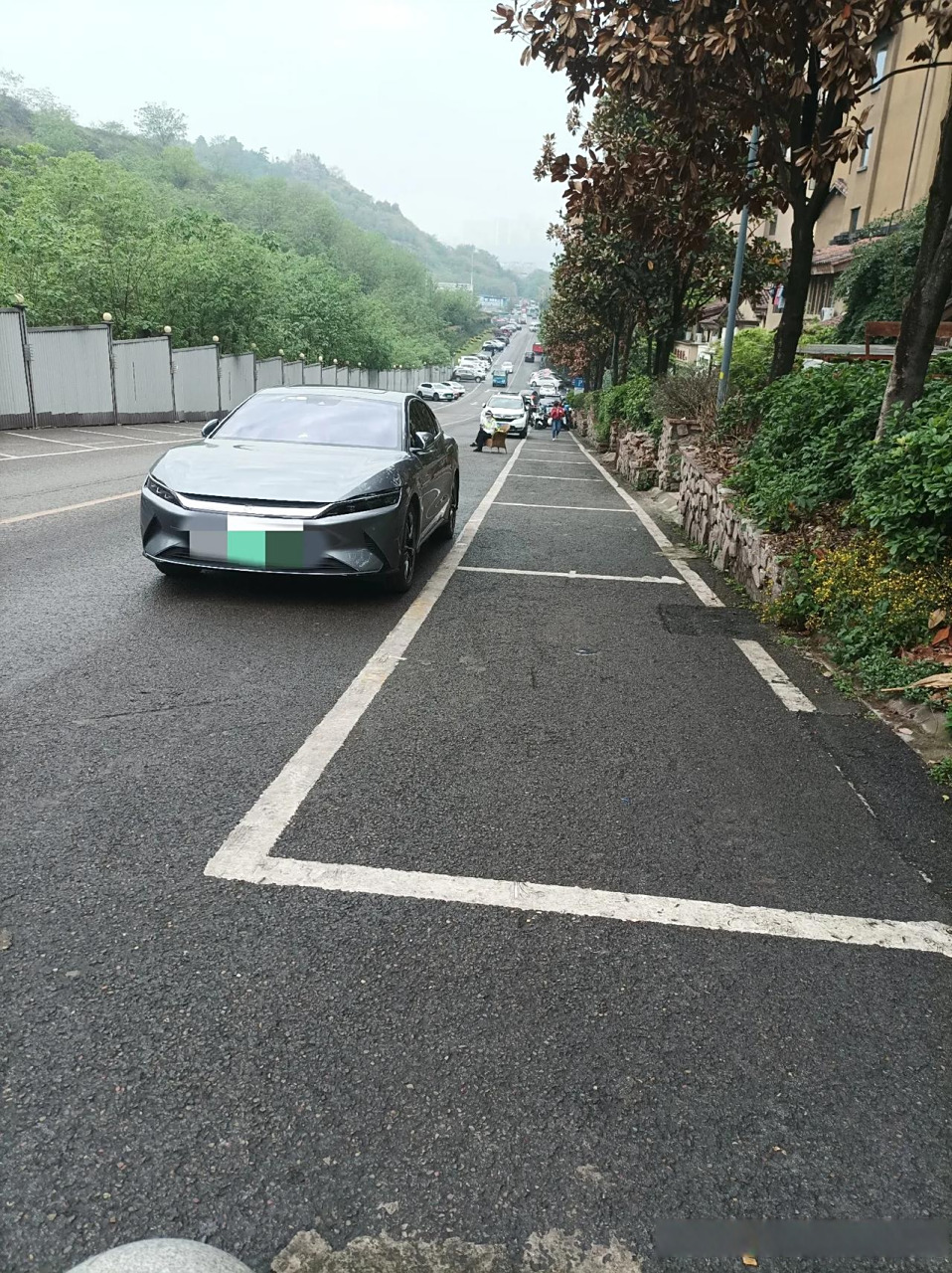 路边停车位上空荡荡的, 收费站坐在附近, 车辆停车不停到车位里