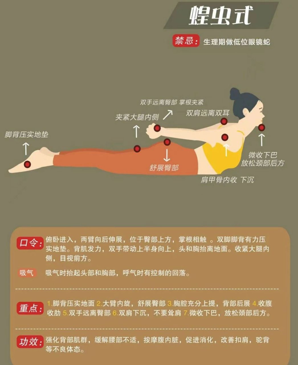 口令:俯卧进入,两臂向后伸展,位于臀部上方,掌根相触.