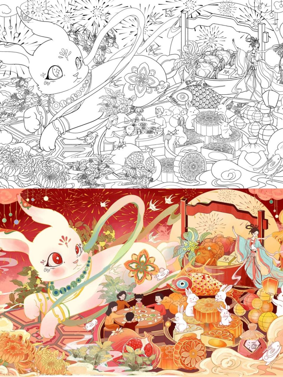 国潮插画# #中秋节月饼礼盒包装# #插画# #配色分享# #中秋插画