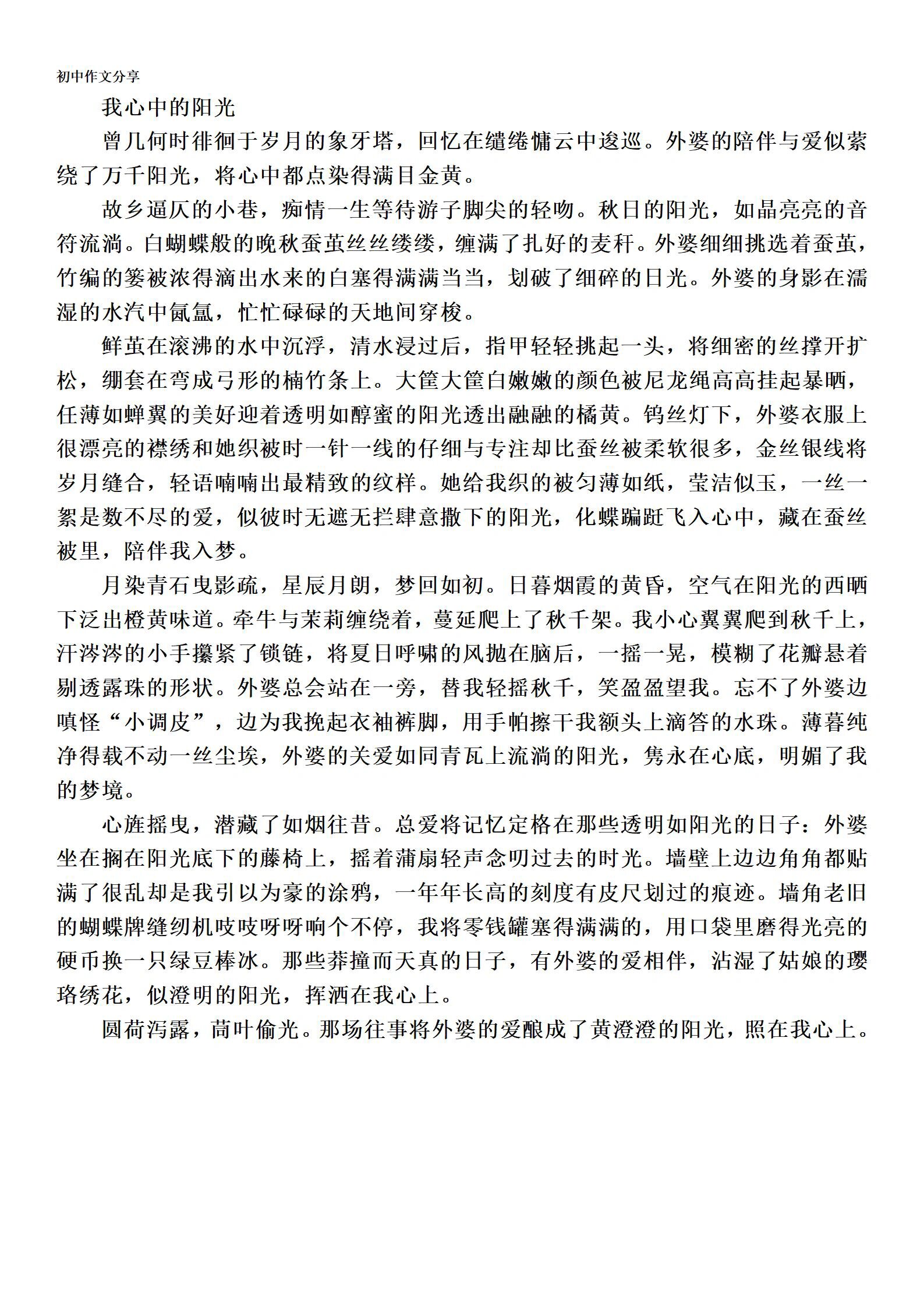 初中满分作文《我心中的阳光》