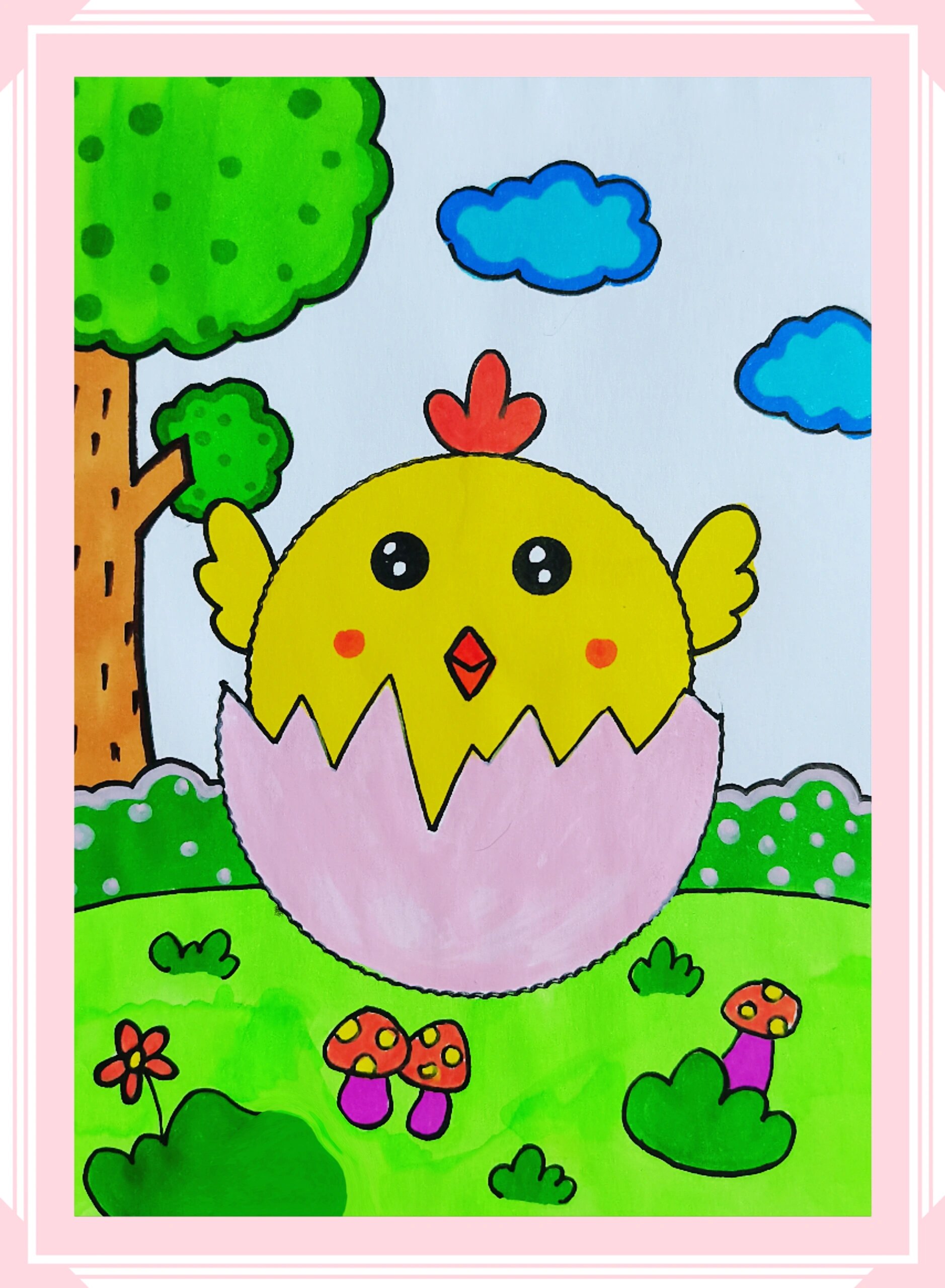 可爱的小鸡简笔画来啦,一起来画蛋壳里的小鸡仔