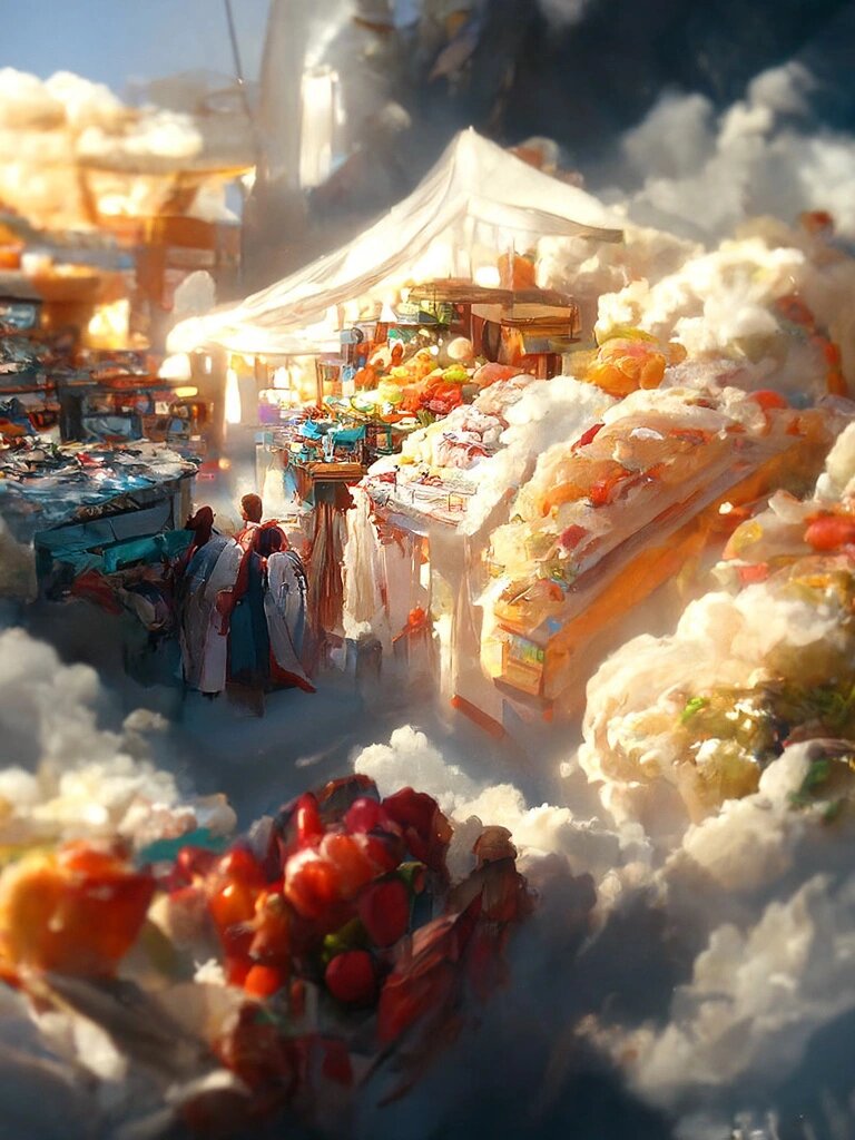 ai画画:天上的街市 金色的光照耀在街市上,这街市便成了天上的街市