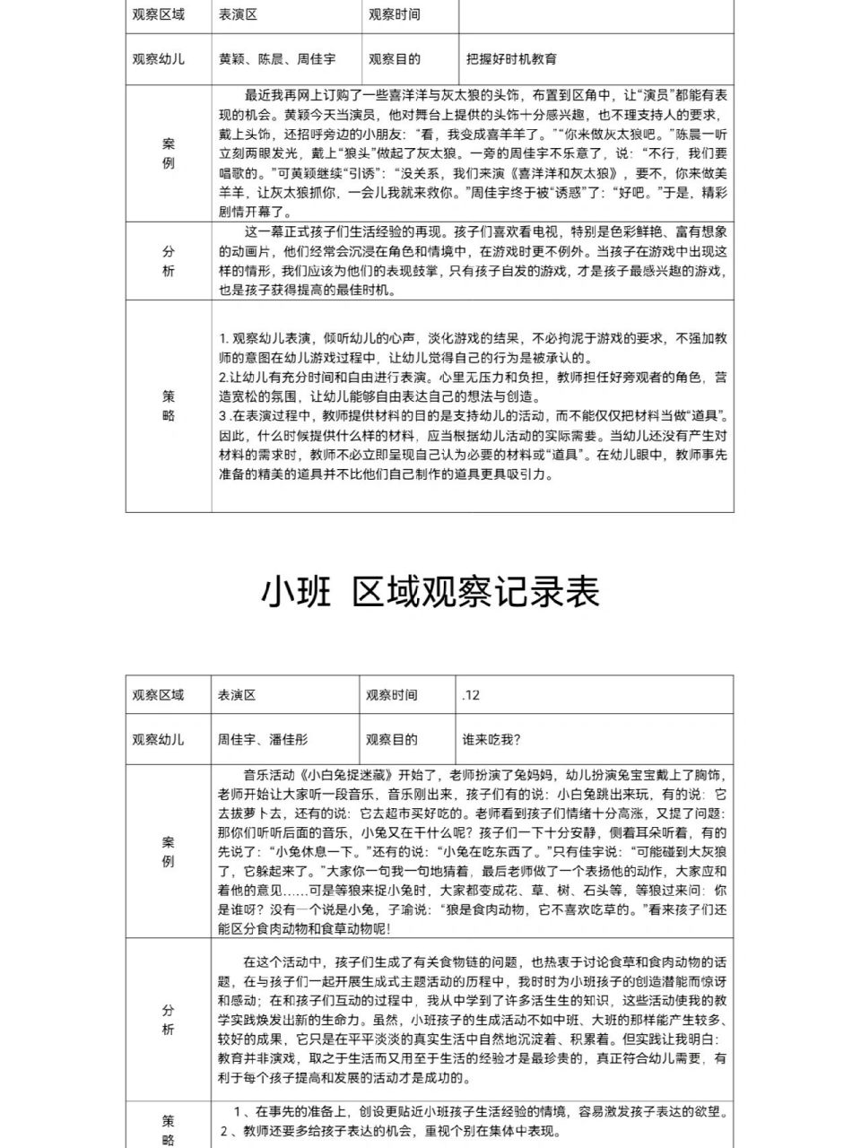 小班生活观察记录表图片